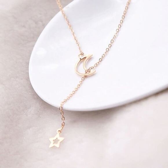 Gold Delicate Lariat Moon and Star Necklace - Picture 2 of 3